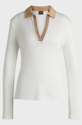 Long-sleeved T-shirt with Johnny collar and signature stripes, White