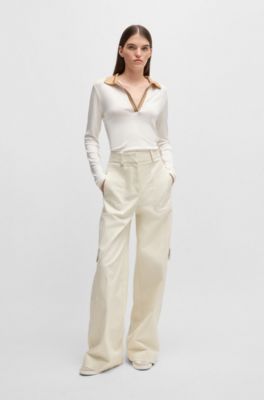 Long-sleeved T-shirt with Johnny collar and signature stripes, White