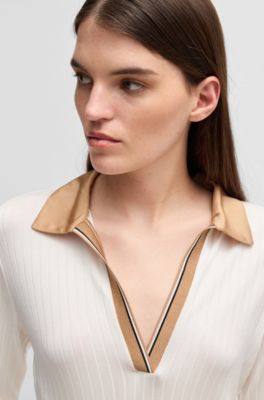 Long-sleeved T-shirt with Johnny collar and signature stripes, White