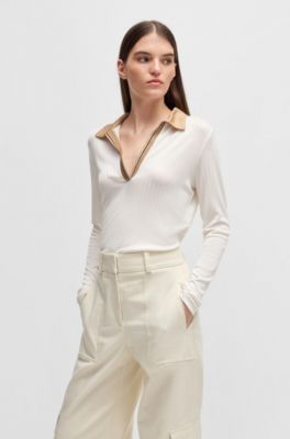 Long-sleeved T-shirt with Johnny collar and signature stripes, White