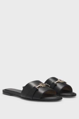 Leather slides with gold-tone Double B monogram, Black