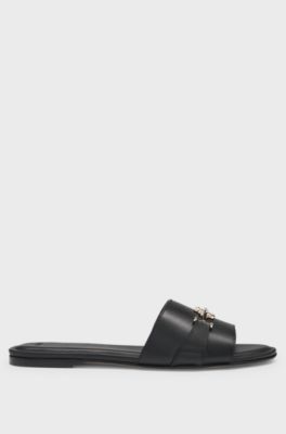 Leather slides with gold-tone Double B monogram, Black