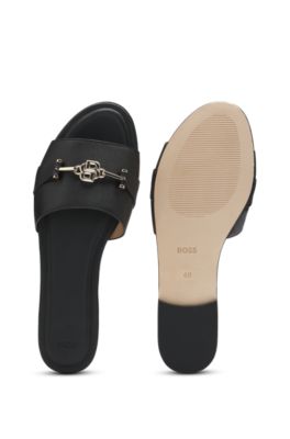 Leather slides with gold-tone Double B monogram, Black