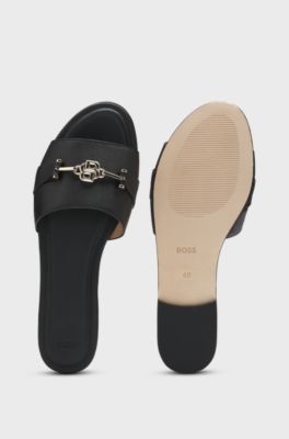 Leather slides with gold-tone Double B monogram, Black