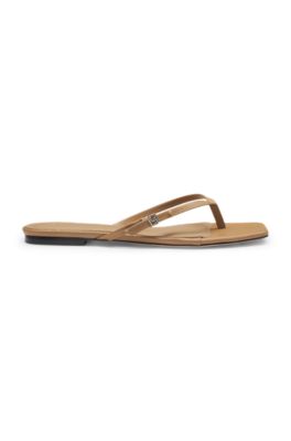 Leather toepost sandals with Double B monogram, Beige