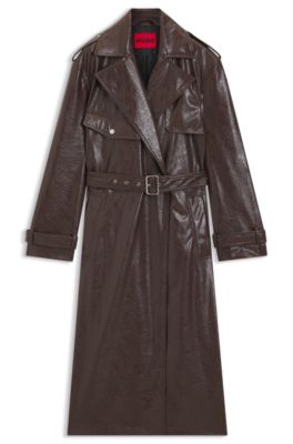 Long-length relaxed-fit trench coat in faux leather, Dark Brown