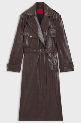 Long-length relaxed-fit trench coat in faux leather, Dark Brown
