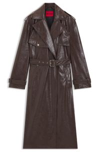 Long-length relaxed-fit trench coat in faux leather, Dark Brown