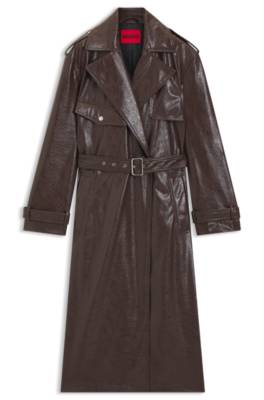 Long length relaxed fit trench coat in faux leather