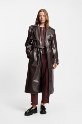Long-length relaxed-fit trench coat in faux leather, Dark Brown