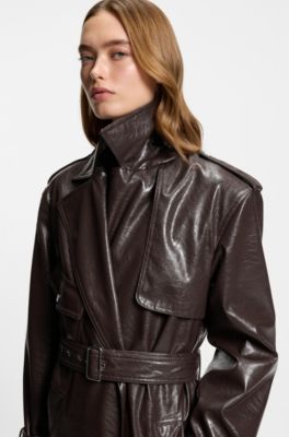 Long-length relaxed-fit trench coat in faux leather, Dark Brown