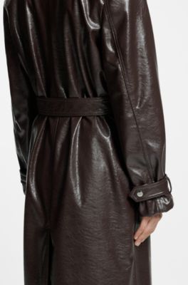 Long-length relaxed-fit trench coat in faux leather, Dark Brown