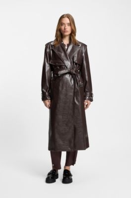 Long-length relaxed-fit trench coat in faux leather, Dark Brown