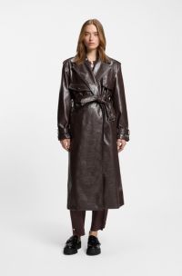 Langer Relaxed-Fit Trenchcoat aus Kunstleder, Dunkelbraun