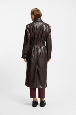 Long-length relaxed-fit trench coat in faux leather, Dark Brown