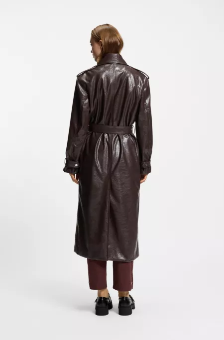 Long-length relaxed-fit trench coat in faux leather