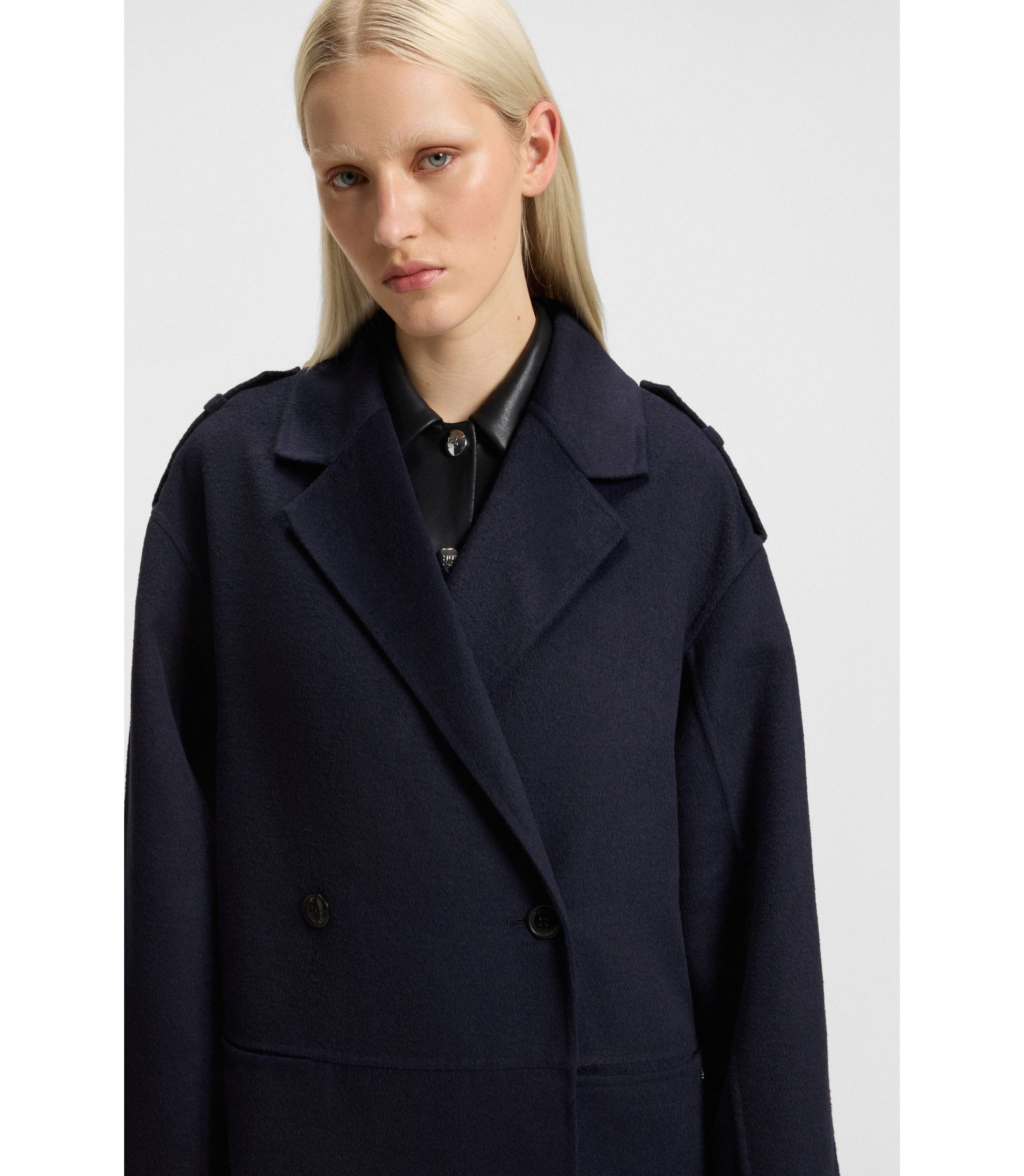 HUGO - オーバーサイズフィット ダブルブレストコート - ダークブルー