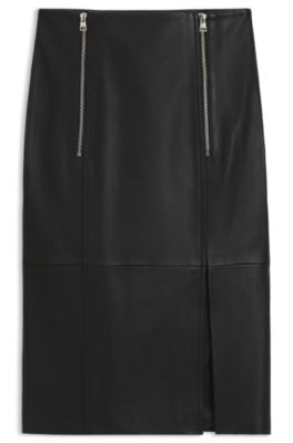 Leather pencil skirt with twin front zips, Black