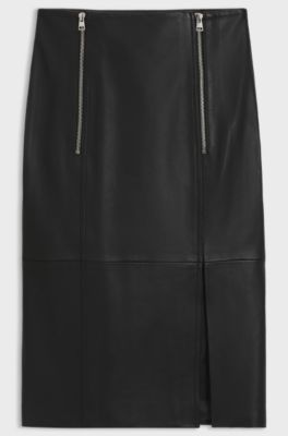 Leather pencil skirt with twin front zips, Black