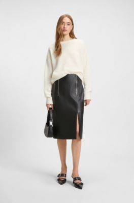 Leather pencil skirt with twin front zips, Black