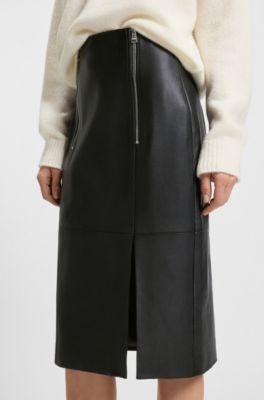 Leather pencil skirt with twin front zips, Black