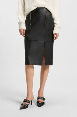 Leather pencil skirt with twin front zips, Black