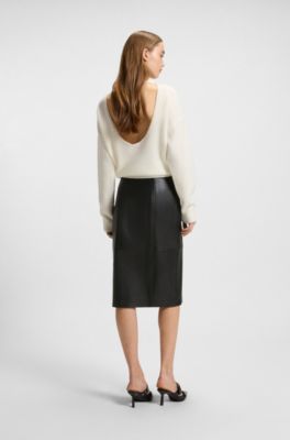 Leather pencil skirt with twin front zips, Black