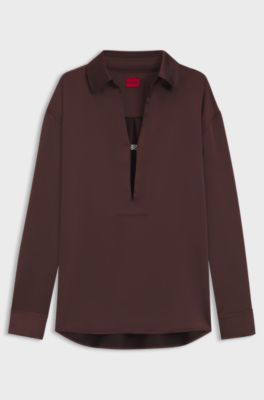Relaxed-fit satin top with stacked-logo placket link, Dark Brown