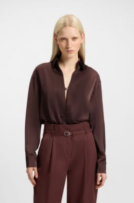 Relaxed-fit satin top with stacked-logo placket link, Dark Brown