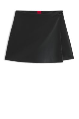 Wrap-front mini skort in faux leather, Black