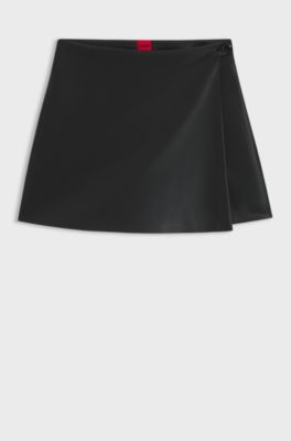 Wrap-front mini skort in faux leather, Black