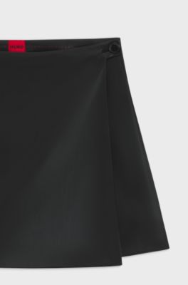 Wrap-front mini skort in faux leather, Black