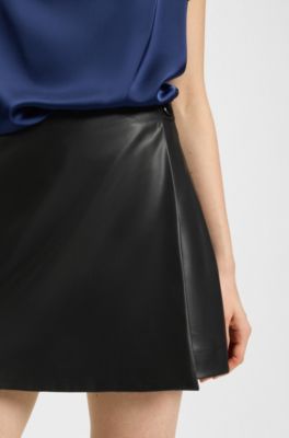 Wrap-front mini skort in faux leather, Black