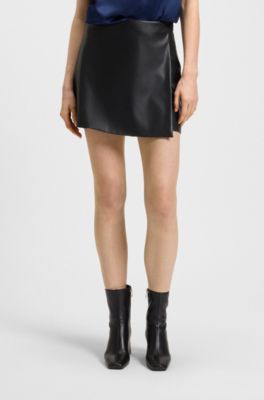 Wrap-front mini skort in faux leather, Black