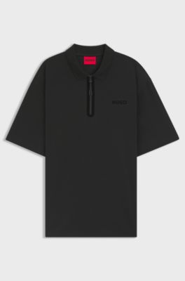 Cotton-blend polo shirt with zip placket, Black