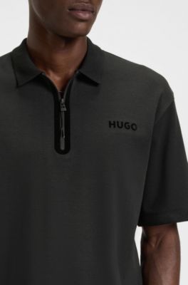 Cotton-blend polo shirt with zip placket, Black