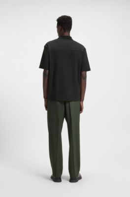 Cotton-blend polo shirt with zip placket, Black