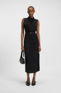 Vestido largo en crepé con cuello medio drapeado, Negro