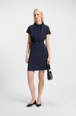 Mock-neck dress in crepe with draped details, Dark Blue