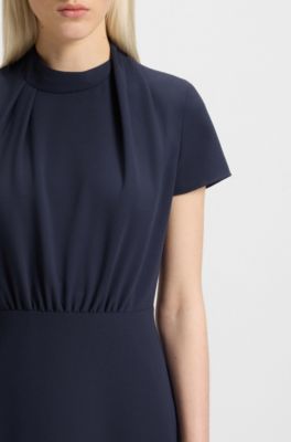 Mock-neck dress in crepe with draped details, Dark Blue