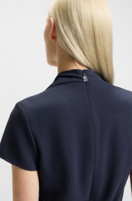 Mock-neck dress in crepe with draped details, Dark Blue