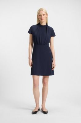Mock-neck dress in crepe with draped details, Dark Blue