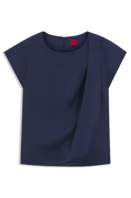 Satin top with drape neckline, Dark Blue