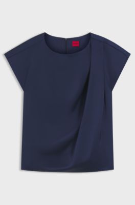 Top in satin con scollatura drappeggiata, Blu scuro
