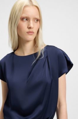 Satin top with drape neckline, Dark Blue
