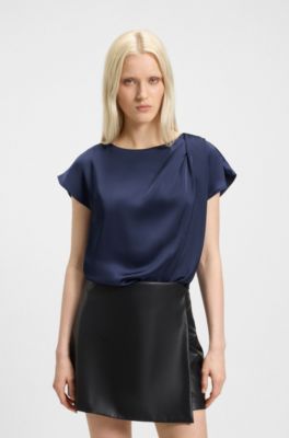 Satin top with drape neckline, Dark Blue