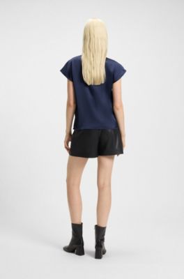 Top in satin con scollatura drappeggiata, Blu scuro