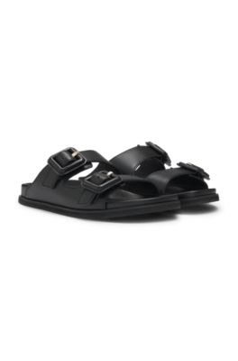 Leather slides with twin buckled straps, Black