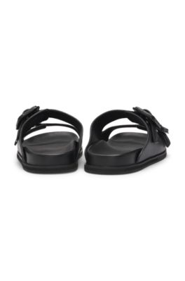 Leather slides with twin buckled straps, Black
