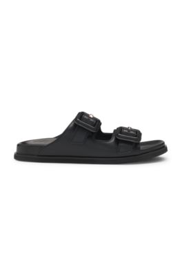 Leather slides with twin buckled straps, Black